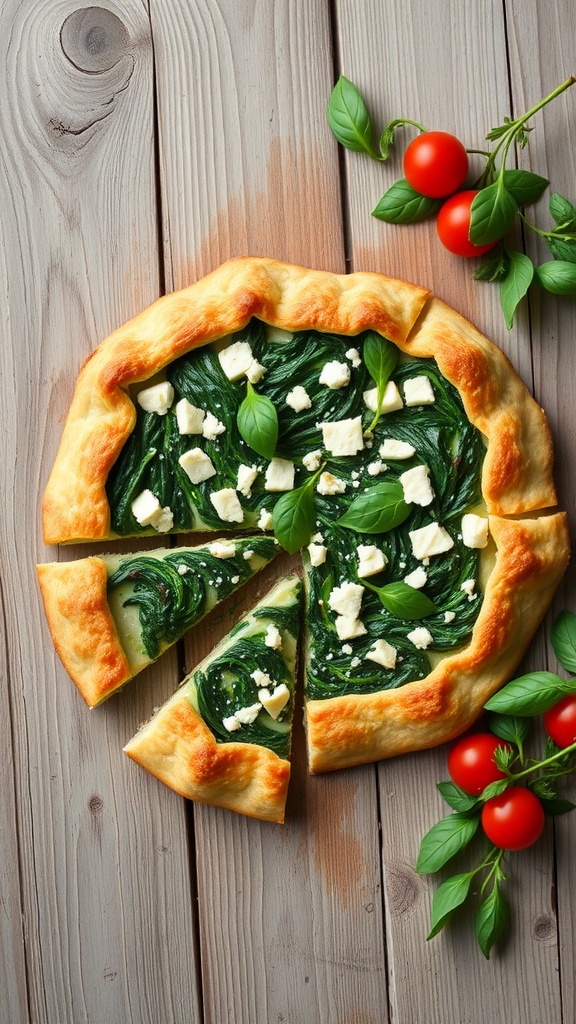 Savory spinach and feta tart with a golden crust, on a wooden table with a slice cut out and a small salad on the side.